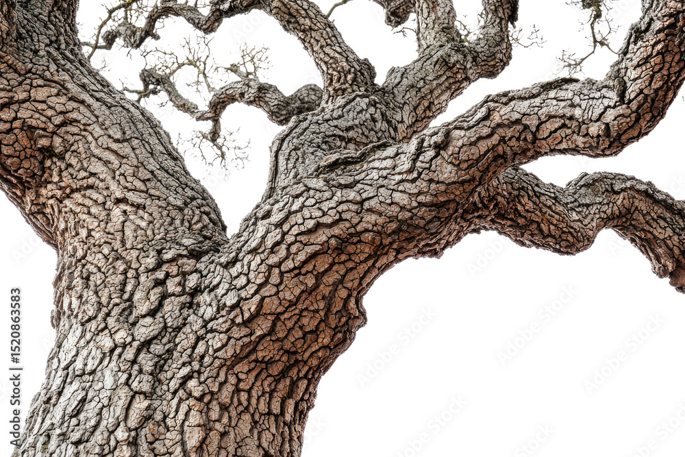 Poster Close-up of a massive old tree trunk with deeply textured bark and gnarled branches against a transparent background background removed