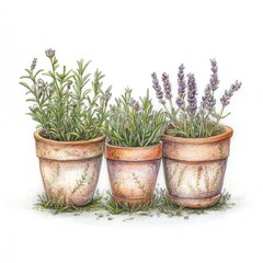 Three terracotta pots filled with lavender and rosemary sit on a white background.