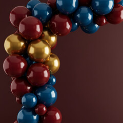 Fototapeta premium Red, gold, and navy blue glossy balloons arranged in an arch against a maroon background. Geometric balloon arch for event decoration.