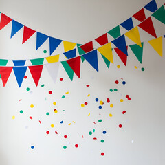 Colorful triangular pennants and confetti decorate a white wall, creating a festive atmosphere. Colorful decorations for a party or celebration in a child-friendly space.