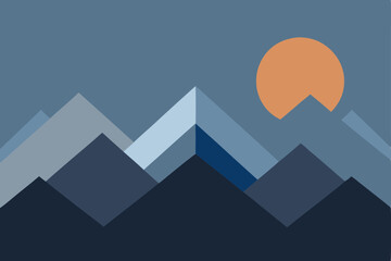 Fototapeta premium Blue urban mountain cityscape vector illustration with clouds, buildings, and sky