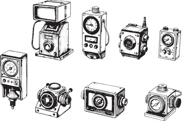 Mechanism set, retro, vintage, steampunk, cyberpunk, decorative elements. Ideal design for social media, cover, banner, flyer, music, ads.