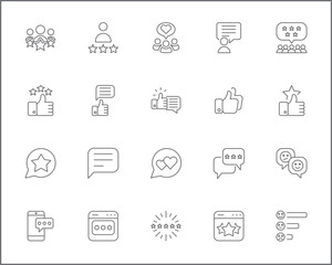 Review And feedback Icon Set. Vector collection of customer, rating, star rating, chat, testimonials, survey, support, communication, sign and element symbols or logo element.
