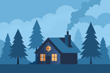 Christmas winter landscape with a cozy house on a snowy hill, surrounded by trees under a night sky