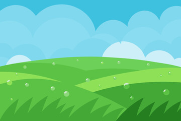 Obraz premium Green summer landscape with a blue sky, rolling hills, and a vibrant meadow