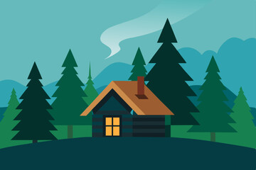 Obraz premium Winter forest landscape with a festive house, snow, and fir trees
