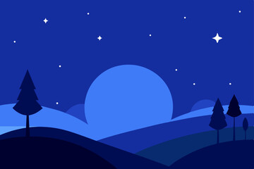 Christmas winter night landscape with moon, stars, and silhouette trees, a dark blue illustration