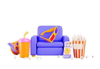 Cinema seat render background. Chair in movie theater with 3d glasses, pop corn bucket, drink, film reel and tickets. Armchair hall front for watching film with snacks, Cartoon banner