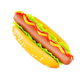 3d hot dog street snack render icon. Realistic fast food hotdog with sesame bun, sausage, salad, ketchup and mustard sauce isolated on white background. Restaurant menu design element