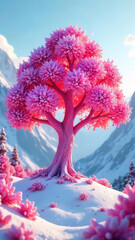 3D image of a fantasy rosewood against a majestic mountain range in the background