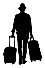 Silhouette of a man exploring the world. Traveling with a suitcase. Vector illustration.
