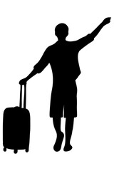 Silhouette of a man exploring the world. Traveling with a suitcase. Vector illustration.