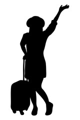 Silhouette of a girl exploring the world. Traveling with a suitcase. Vector illustration.
