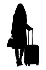 Silhouette of a girl exploring the world. Traveling with a suitcase. Vector illustration.