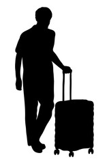 Silhouette of a man exploring the world. Traveling with a suitcase. Vector illustration.