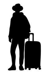 Silhouette of a man exploring the world. Traveling with a suitcase. Vector illustration.