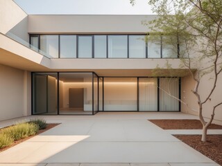 Modern architecture, courtyard with sleek design and minimal landscaping features.