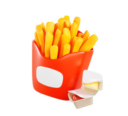 3d render french fries in red paper box with ketchup and cheese sauce icons. Fastfood restaurant meals, isolated mockup american potato snack with mustard and chili in white dip packs