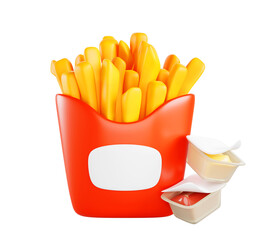 French fries in red paper box with blank label 3d render. Fast food, salty fry potato snack portion with ketchup and cheese sauce in plastic container. Restaurant menu design elements