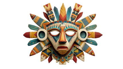 A wooden mask with vibrant colors and intricate carvings. The design includes elements reminiscent of the Aztec art style, featuring sun rays made from colorful wood pieces and feathers.