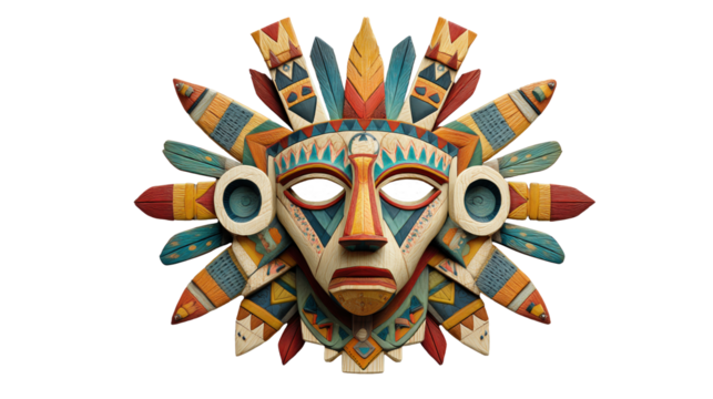 A wooden mask with vibrant colors and intricate carvings. The design includes elements reminiscent of the Aztec art style, featuring sun rays made from colorful wood pieces and feathers.