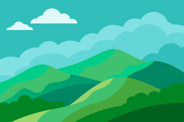Rolling green hills and distant mountains under a vibrant, cloudy sky illustrate a serene summer countryside landscape