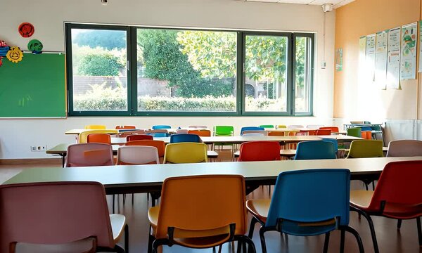 Empty Classroom With Colorful Chairs and Sunlit Green Chalkboard Interior