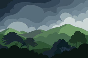 Vibrant natural mountain landscape with clouds and trees, ideal for summer illustrations