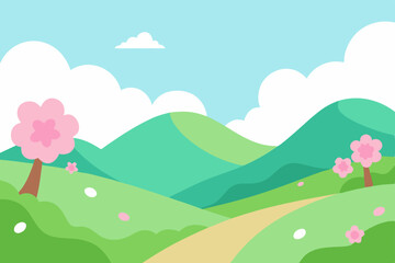 Fototapeta premium Vector illustration of a vibrant summer mountain landscape with blue sky, clouds, green hills, and meadow flowers