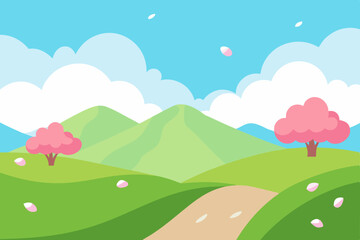 Obraz premium Green summer landscape with trees, clouds, and a sun-drenched meadow under a blue sky