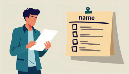 Thoughtful man reading name list, focus on organization