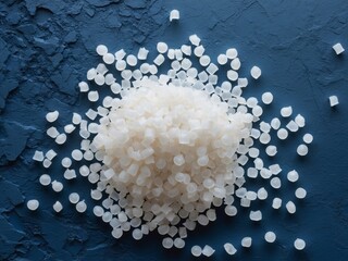 Translucent Polymer Pellets on a Textured Blue Surface, Closeup View, Material Science