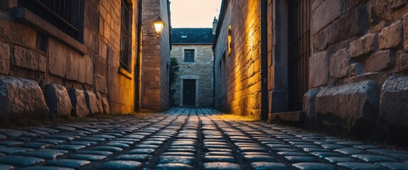 Cobblestone Alleyway at Dusk, with Warm Lighting and Stone Buildings Perspective.