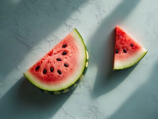 Two Slices of Fresh Watermelon on a Textured Blue Surface, Bathed in Sunlight.