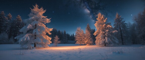 A Winters Tale. Snowy Forest, Starry Sky, and the Soft Glow of Hidden Light.