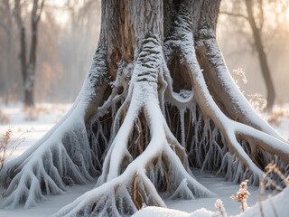 Majestic winter tree with snowcovered roots standing tall in a frosty landscape.