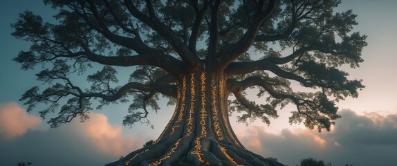 Mystical Tree of Knowledge. Ancient Wisdom Carved in Glowing Runes, A Timeless Icon.