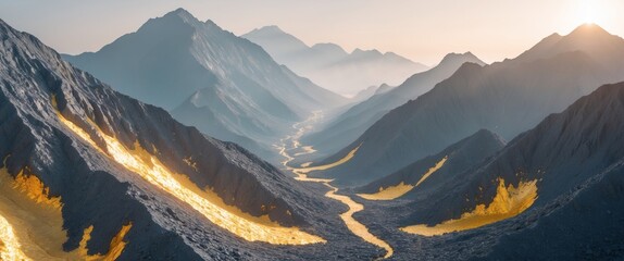 Majestic Mountain Valley with Golden River and Misty Peaks at Sunrise, Natures Splendor.