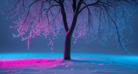 Mystical Winter Tree. A Symphony of Pink and Blue Illuminating the Snowy Landscape.
