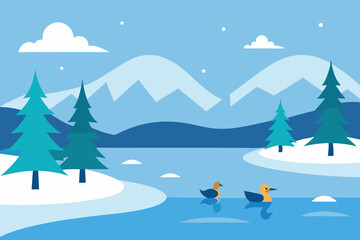 Winter landscape illustration of a snowy mountain scene with pine trees and blue sky, perfect for a Christmas holiday card