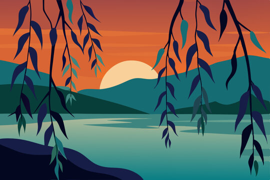 An illustrative vector landscape of a vibrant orange sunset over the sea with a lone tree silhouette against the summer sky
