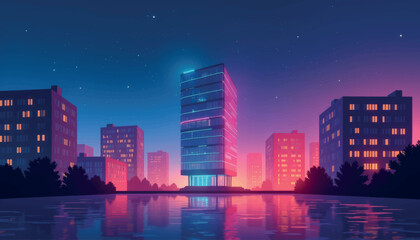 Fototapeta premium Trendy neon-lit building by serene water at night, urban vibes