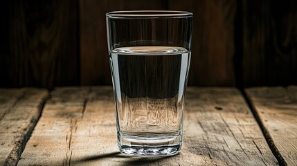 A glass of water sits on a rustic wooden table in front of a dark wooden paneled wall backdrop