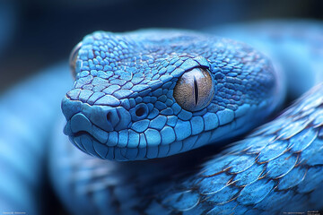 Close-up of a vibrant blue venomous snake's head.
