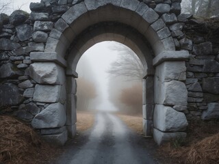 Stone Archway Leading to Misty Road, Serene Ambience and Historic Architecture.