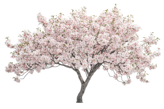 A full bloom pink cherry blossom tree isolated on transparent background background removed