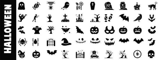 Spooky halloween icons black and white collection