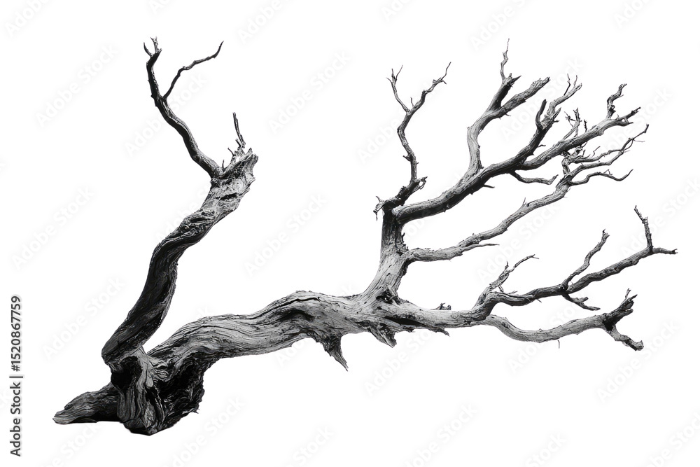 Poster A grayscale image of a gnarled, dead tree branch isolated on a transparent background background removed