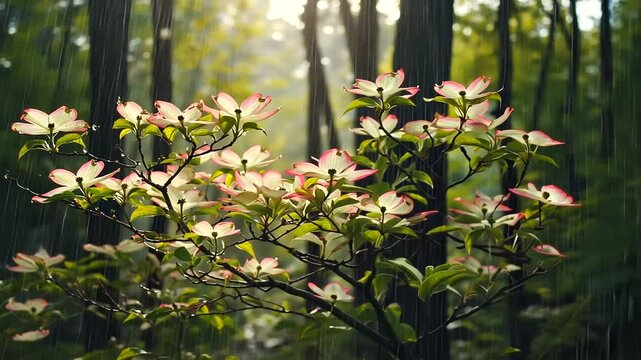 Serene dogwood blossoms in a lush forest during a gentle rain, sunlight filtering through trees