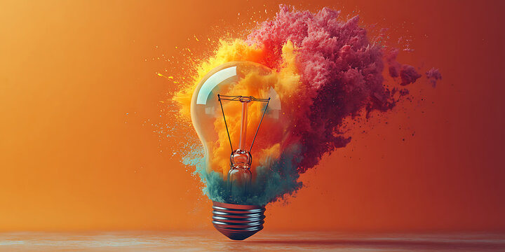 Creative idea conceptualization lightbulb with explosive colors on warm orange background showcasing innovation imagination and inspiration symbolizing bright ideas